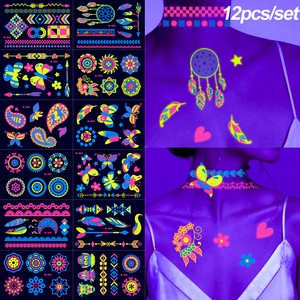 12Pcs Fluorescent Face Stickers Flower Waterproof Glowing Temporary Tattoo Sticker for Party/Music Festival Face Decals