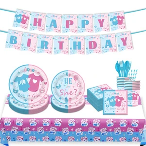 Baby Shower Disposable Party Tableware Supplies Set He or She Paper Banner Tablecloth Plates Cups Tissues for Gender Reveal