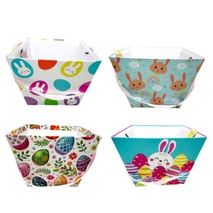 Recyclable Easter Paper Baskets Bunny & Egg Print Buckets for Eco-Friendly Easter Celebrations & Zero-Waste Party Supplies