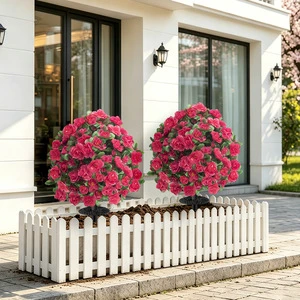 Artificial Red Rose Flower Ball Bush Green Leaves Metal Ground Stake Farmhouse Front Porch Walkway Lawn Decor Floral Pick