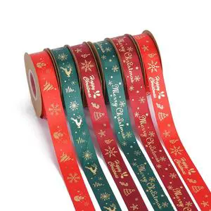 2026 New Gold Foil Printed Merry Christmas Satin Ribbon 1