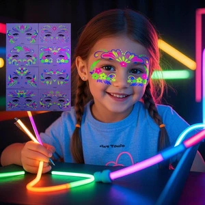 Glow in the Dark Tattoos Stickers Fake Face Temporary Tattoos Kids Makeup UV Neon Floral Body Paint Tattoo Stickers Decorations