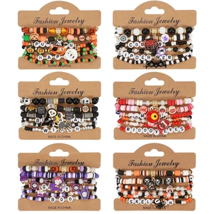 2025 New Trendy Halloween Anniversary Zinc Alloy Charm Beads Women Pumpkin Skull Ghost Bat Stretchy Heishi Cat Witch Bracelet