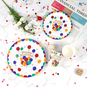 Party Decoration Table Setting Supplies Disposable Round Shaped Colorful Paper Plates Cutlery Set