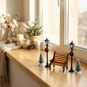 Xmas Trees Benches Streetlamps Bottle Brush Tree Accessories for Christmas Desktop Table Centerpiece Winter Holiday Decor