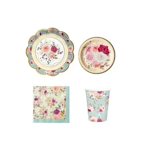 93 Pcs Flower Theme Cups Plates Napkin Tablecloth Disposable Party Decoration Dinnerware Set