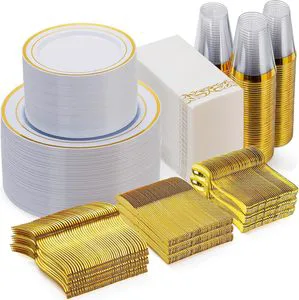 Goodluck 700pcs Gold Dinnerware Set For 100 Guests, Disposable For Party, Include 200 Plates, 100 Napkins, 100 Cups, 300 Cutlery