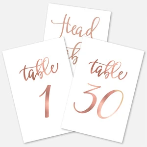 Custom Printed Rose Gold Foil Wedding Double Sided Paper Stand up Table Numbers Cards with Head Table