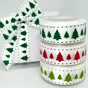 Custom Logo Christmas Tree Themed Printed Polyester Ribbon for Gift Wrapping