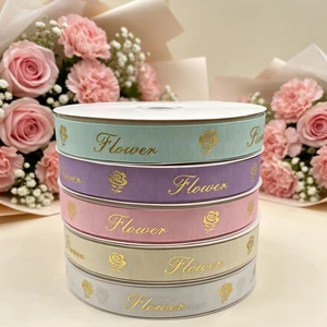 Custom Logo Ribbon Roll 25MM 1Inch Grosgrain Ribbon with Gold Foil Printing for Flower Floral Boutique Decoration Gift Wrapping