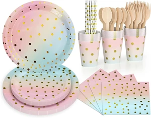 DAMAI Pink and Gold-Pastel Party Supplies Disposable Party Dinnerware Paper Party Plates,Cups,Napkins,Straw,Wooden Fork Spoon