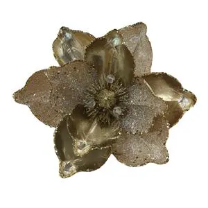 New Year and Christmas Decorations Artificial Floral Ornament with Gold Magnolia Sequins and Petals Glittering Metallic Deco
