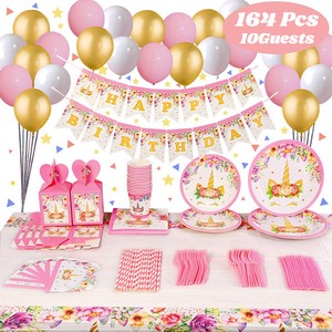 Nicro 164 Pcs Unicorn Theme Tableware Supplies Candy Box Banner Balloons Invitation Cards Happy Birthday Party Decoration Set