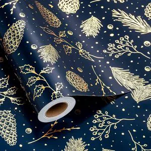 Christmas Wrapping Paper Roll Navy Blue Gold Foil Pine Cones Design 30 Inch X 100 Feet Gift Wrap For Holiday Crafting