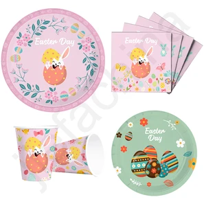 Wholesale Compostable Paper Tableware Disposable Cake Napkin Cups Plates For Easter Party With Waterproof Tablecloth