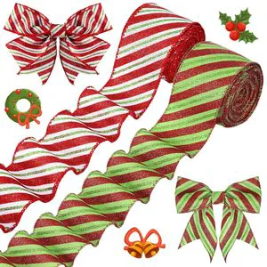 Christmas Glitter Ribbon 1 Roll Christmas Decoration Striped Ribbon DIY Craft Bow Making Party Ribbon