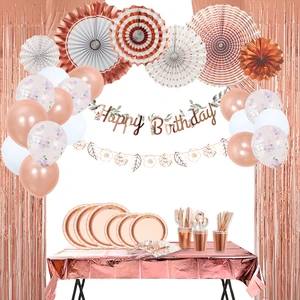 Nicro Rose Gold Disposable Eco-friendly Birthday Party Supplies Paper Fan Garland Banner Balloon Tableware Set Decoration
