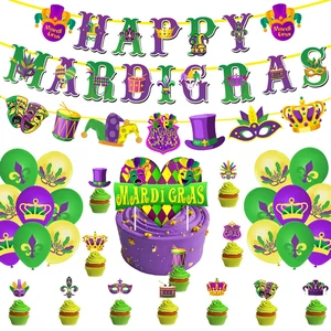 Mardi Gras Decorations Set Purple Green Gold Theme 2 Banners 16 Balloons & Cake Toppers Kit for Family Carnival Party