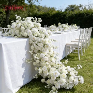 Dalian Chermy OEM Wedding Table Centerpiece Floral White Red Rose Flowers Runner Silk Artificial Flower Table Row Aisle Flower