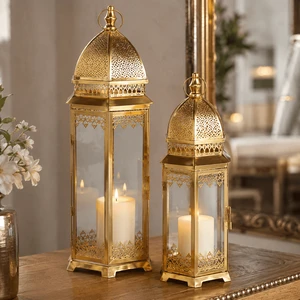 Custom Gold Metal Glass Ramadan Lantern Set Moroccan Candle Holder For Eid Home Decor Wholesale