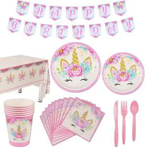 Party Favor Stock Supplies Girls Pink Party Birthday Paper Disposable Tableware Set