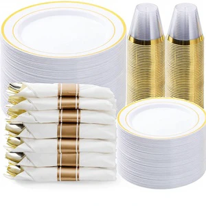 BESTVIP 350PCS Gold Rim Plastic Disposable Dinnerware Set For 50 Guests Includes 100 Plates 50 Pre-Rolled Napkins 50 Cups