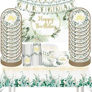 Eucalyptus Party Supplies Birthday Party Decorations Paper Plates Banners Paper Cups Tissues Tablecloths Disposable Tableware