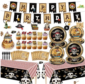 Pirate Birthday Party Plates Cups Napkins Fork Tablecloth Tableware Set Hanging Banner Foil Swirls Cupcake Cake Toppers Supplies