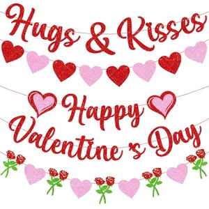 Glitter Valentines Day Paper Banner with Heart Letter Pattern Wedding Party Supplies Rose Paper Banner Wholesale
