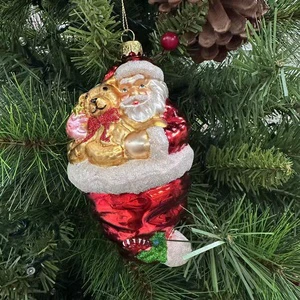 BSCI Certified Manufacturer's Vintage Style Glass Ornament Santa Holding Teddy Bear Premium Holiday Tree Party Supplies