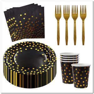 Factory Price Party Favor Set Black and Gold Foil Disposable Birthday Decorations Tableware Supplies for Wedding Birthday
