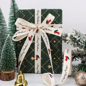 Custom Eco-Friendly Recycled Polyester/Cotton Ribbon Christmas Gift Wrapping Milu Deer Santa Claus Satin Decoration Holiday