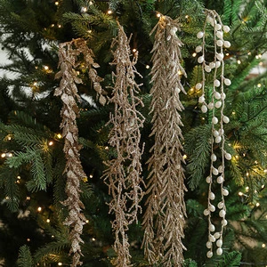 Christmas Artificial Pine Needles Garlands Glitter Champagne Garlands Hanging Pine Vines Decor for New Year Wedding DIY Wreath
