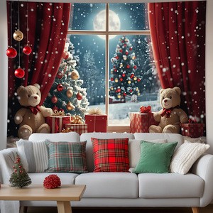 Christmas Tapestry Fairy Lights Christmas Tree Snowy Window Scene Red Curtains Christmas Event Backdrop Background Cloth