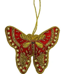 India's Best Quality Butterfly Shape Red Color Zari Embroidery Work Christmas Tree Decoration Ornaments Most Popular Stockings