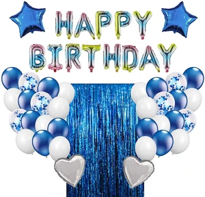 Royal Blue and Silver Birthday Party Decorations Set With Foil Fringe Curtains Birthday Balloons Banner Confetti Balloons Kit