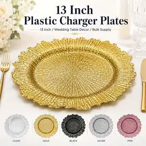 Wholesale Eco-Friendly 13 Inch Reusable Plastic Charger Plates Gold Rim Modern Wedding Party Table Decoration Bulk Supply