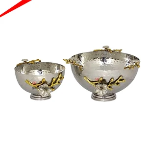 Modern Design Metal Round Set of 2 Serving Bowls with Gold and Silver Flower Design Partyware Serving Bowl