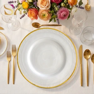 Wholesale Wedding Glass Tableware Set Including Plates Bowls and Dishes with Gold Rim for Home Dining Party Table Decoration