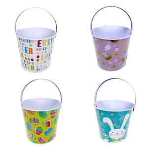 Easter Eggs Hunt Basket Bucket Rabbit Party Celebrate Candy Egg Bucket Decorative Easter Tin Metal Buckets with Spring Designs
