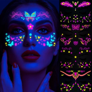 8pcs/Set Fluorescence Face Tattoo Temporary Tattoos Waterproof Makeup Decals for Party Concert Bar Music Art Festival Stickers