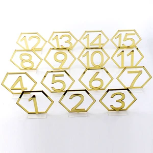 Hexagonal Hollow Numbers 1-15 Acrylic Mirror Gold Silver Elegant Wedding Seat Table Number Plate Sigh Creative Decoration Craft