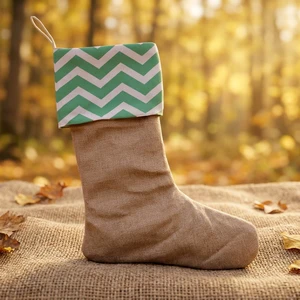 Green White Chevron Cuff Burlap Christmas Stocking Natural Jute Hanging Fireplace Decoration for Family Holiday & Christmas Gift