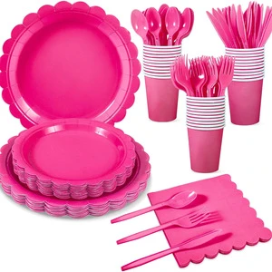 Solid Color Party Tableware Set White Lace Edge Birthday Party Decorations Pure Color Disposable Paper Plates and Cups