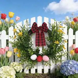 Easter Party Decorations Indoor Plastic Round Wreath with Violet Red/Black Plaid Bow Design Fern Leaf Accents Non-Toxic Durable
