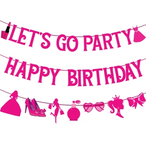 Hot Pink Let Us Go Party Happy Birthday Banners for Women & Girls Princess Theme Paper Valentine's Day Party Decorations