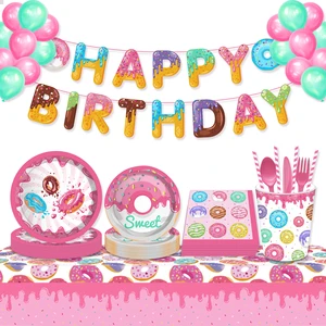 MM094 Donut Party Tableware Set Party Table Supplies for Kids Birthday and Party Decoration