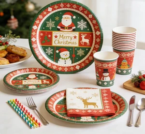 Christmas Party Theme Disposable Tableware Set Xmas Dinner Supplies Complete Christmas Disposable Set Party Table Decor Kit