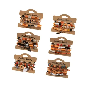 Customized Polymer Clay Beads Halloween Pumpkin Skull Ghost Bat Bracelet Sets Elastic Beaded Bracelet