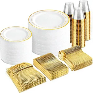 600Pcs White Gold Disposable Dinnerware Set For 100 Guests Includes Cups, Cutlery, Dinner&Dessert Plates For Wedding Party